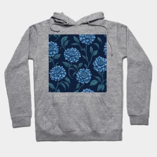 Blue Zinnia Flower Pattern on Navy Blue Hoodie